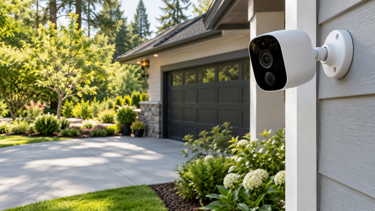 Outdoor wireless security camera mounted by a driveway