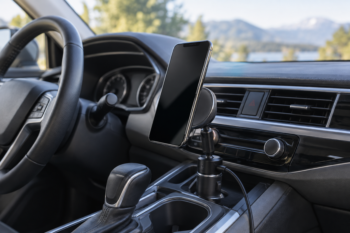 Magnetic phone mount powered from a vehicle accessory socket