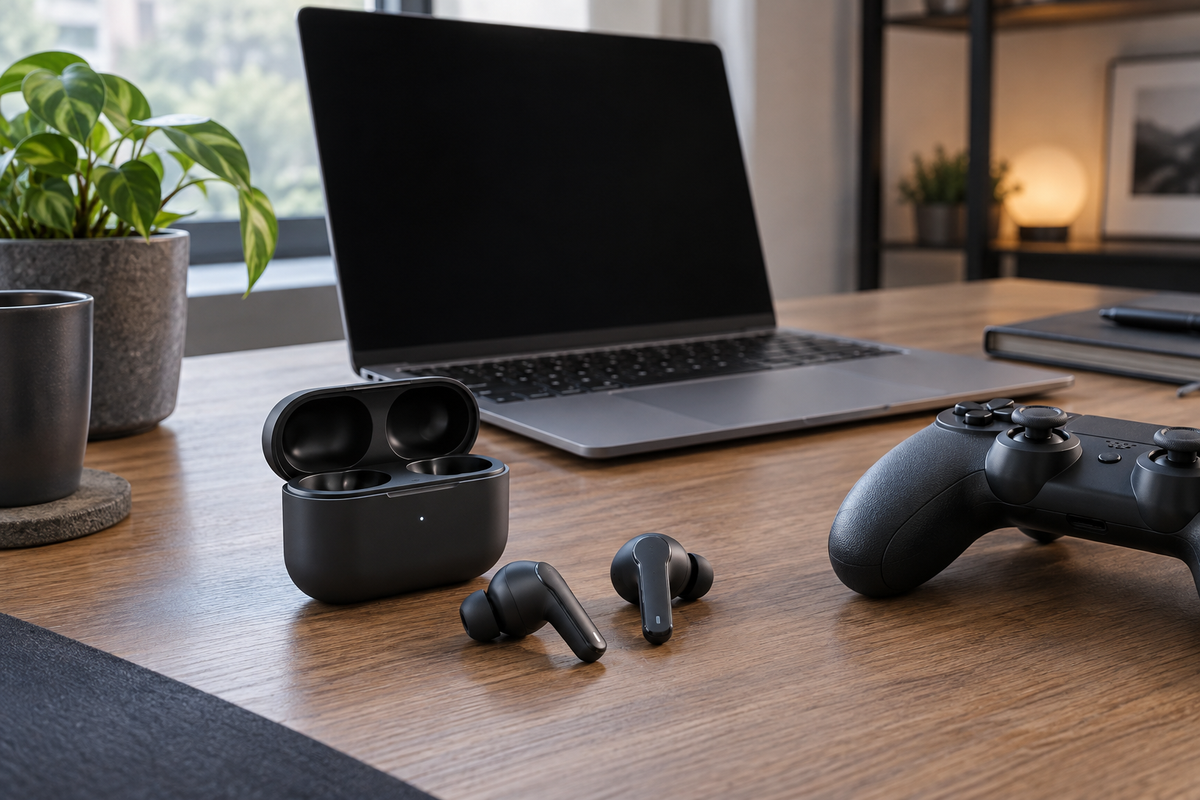 Wireless earbuds and case on a gaming desk