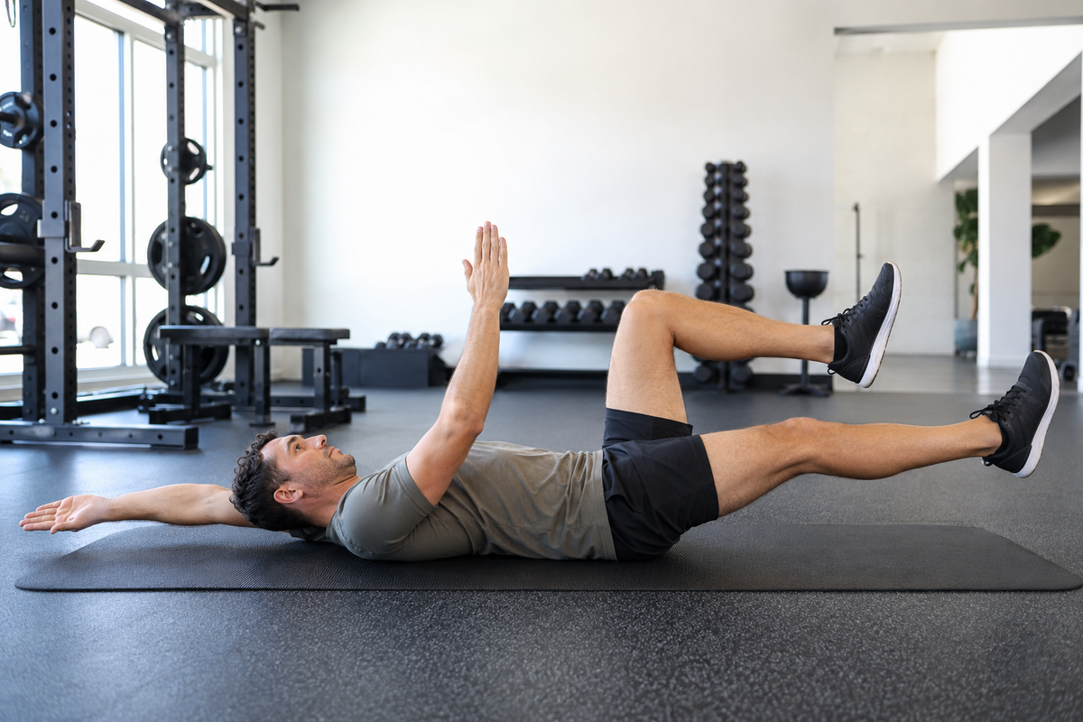 Athlete performing a controlled core exercise on a gym mat