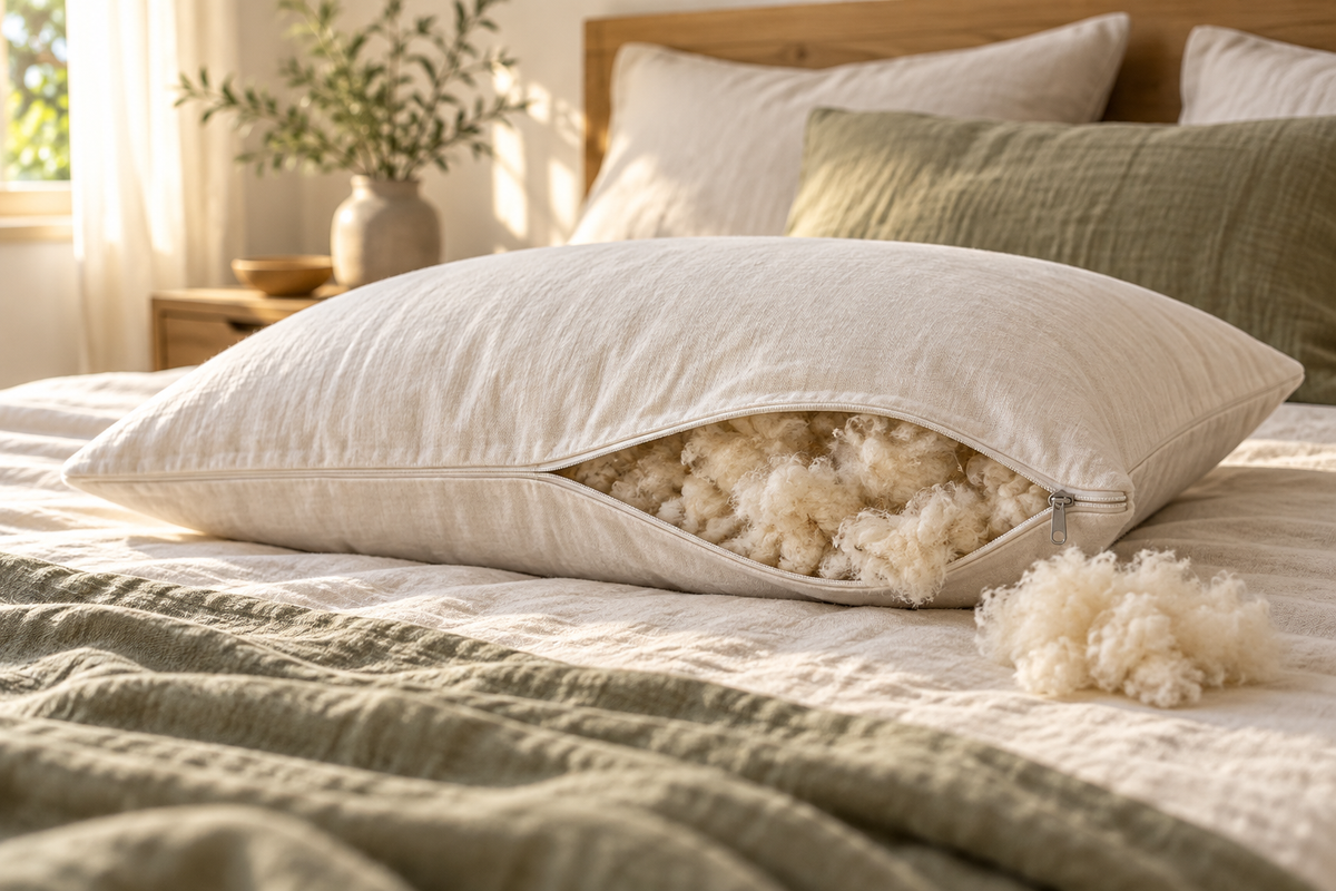 Adjustable pillow with zipper showing natural kapok fiber fill