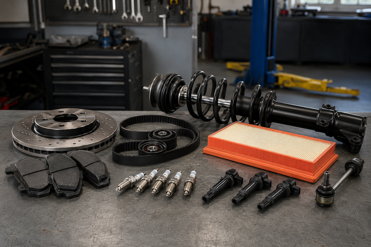Generic aftermarket car parts arranged on a clean workshop bench