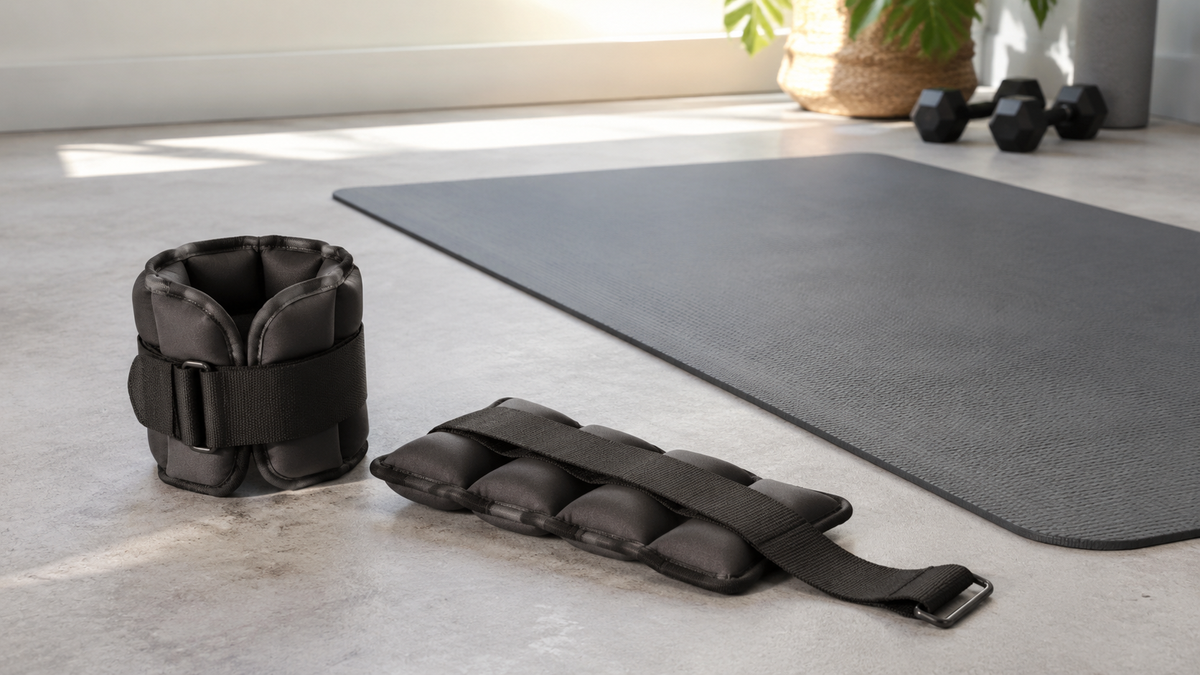 Pair of adjustable ankle weights beside an exercise mat