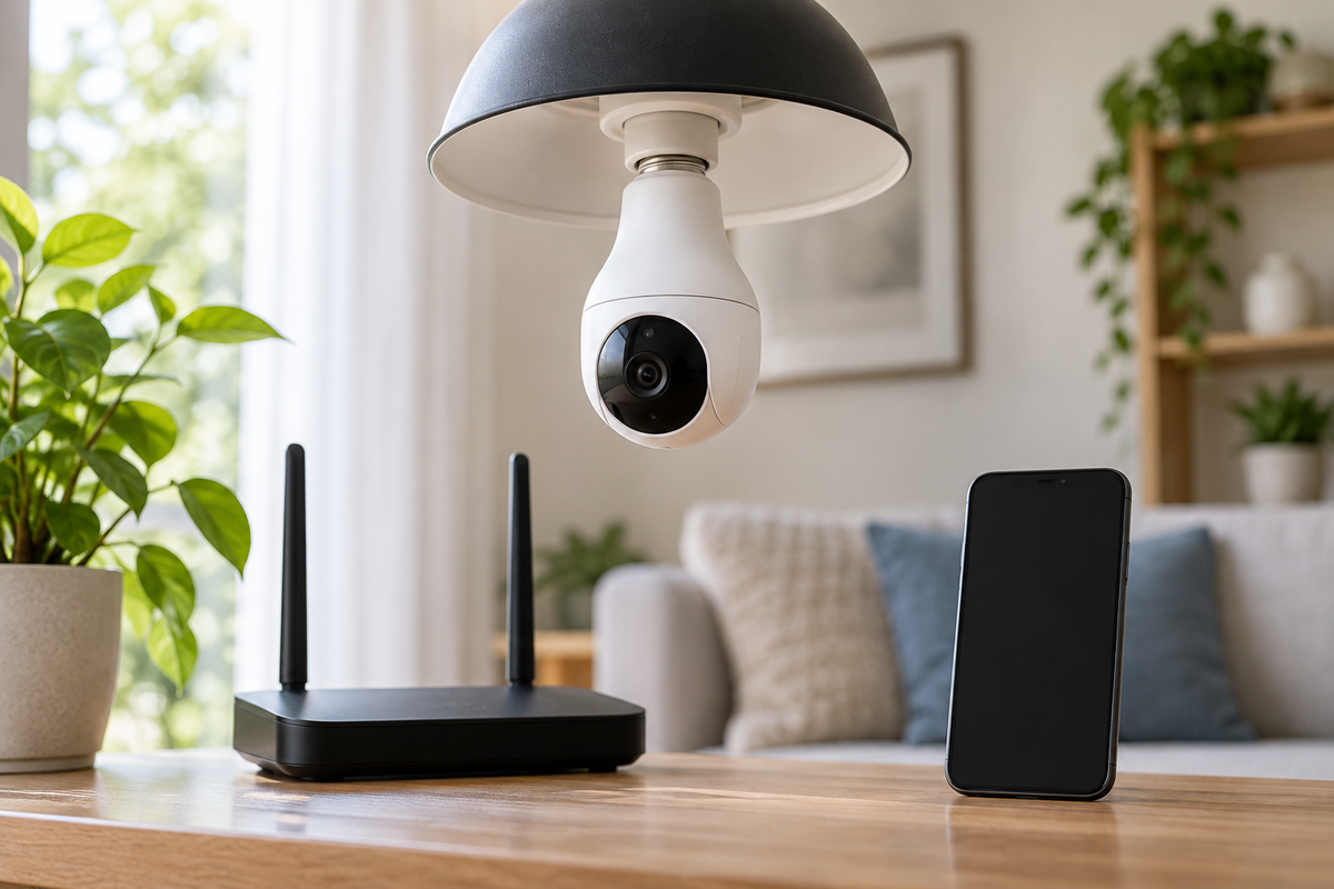 Light bulb security camera with phone and home router