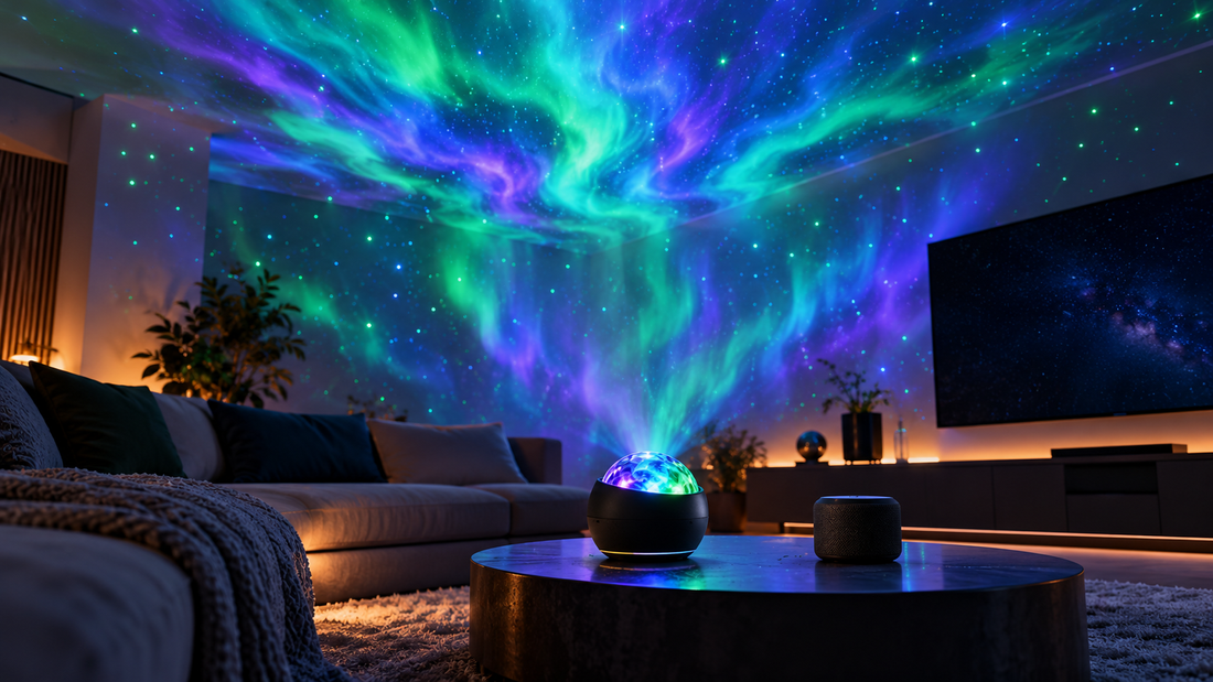 Aurora galaxy star projector illuminating a media room