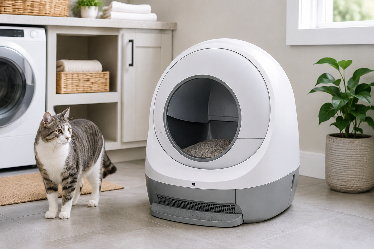 Generic automatic cat litter box in a bright home utility room