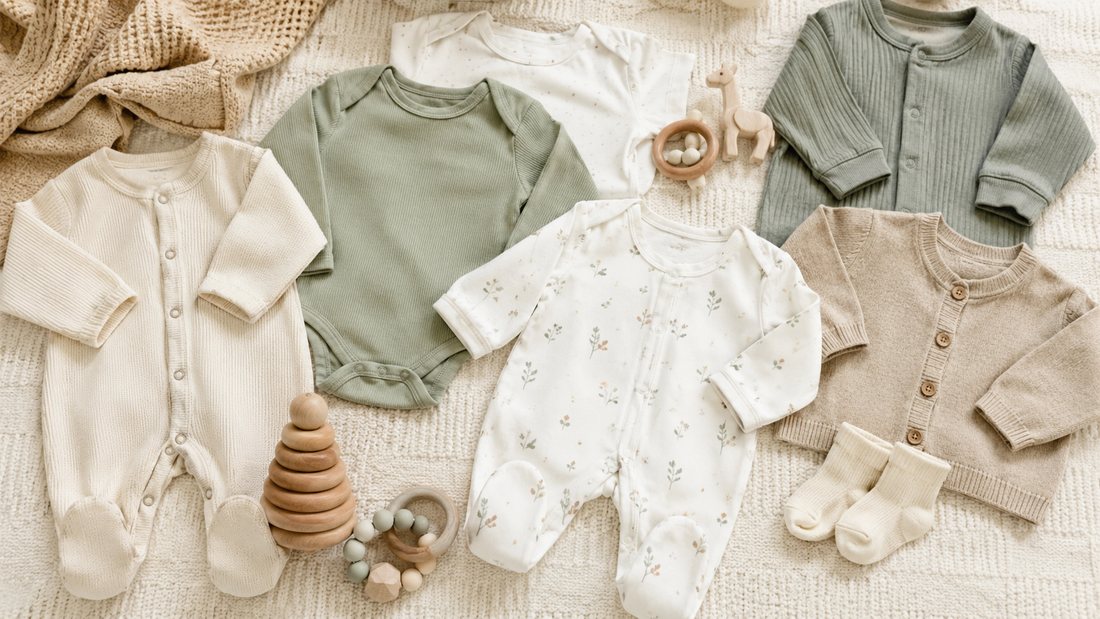 Soft neutral baby clothes arranged in a nursery setting