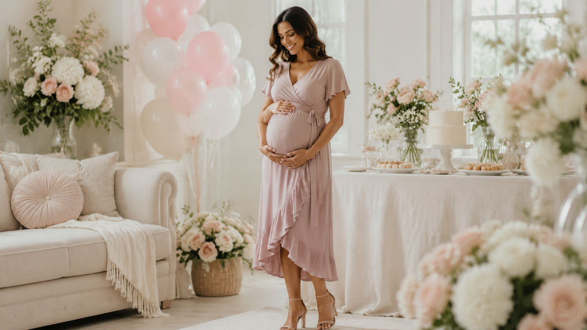 Pregnant woman wearing a comfortable baby shower dress
