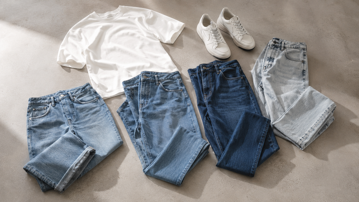 Baggy jeans in several practical denim washes