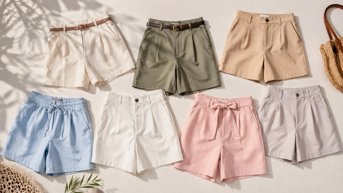 Assorted bermuda shorts arranged in a summer editorial layout