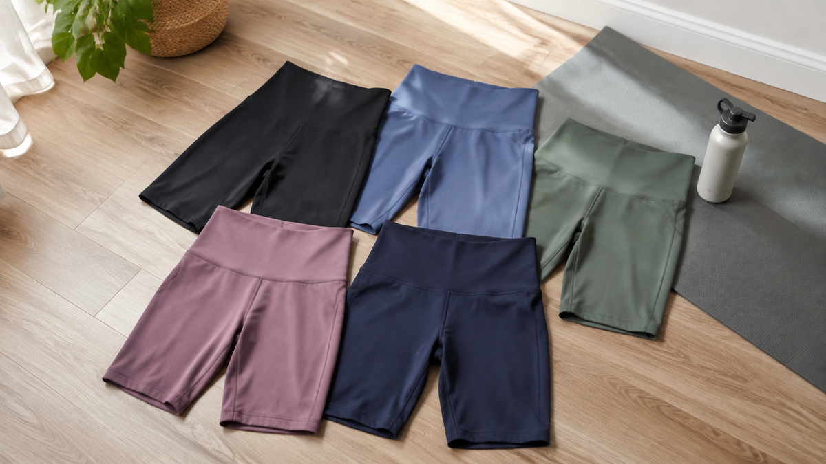 Solid-color bike shorts arranged in a home workout space