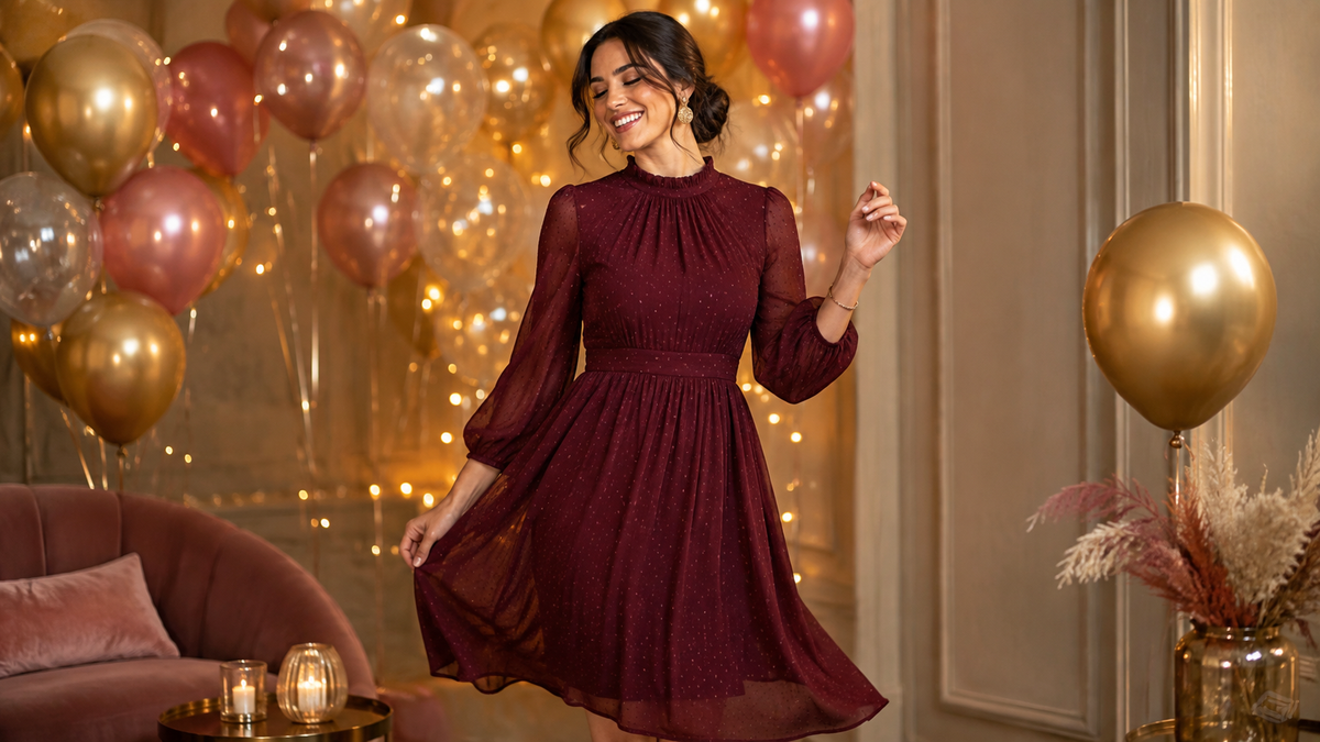 Woman wearing an elegant birthday dress in a festive setting