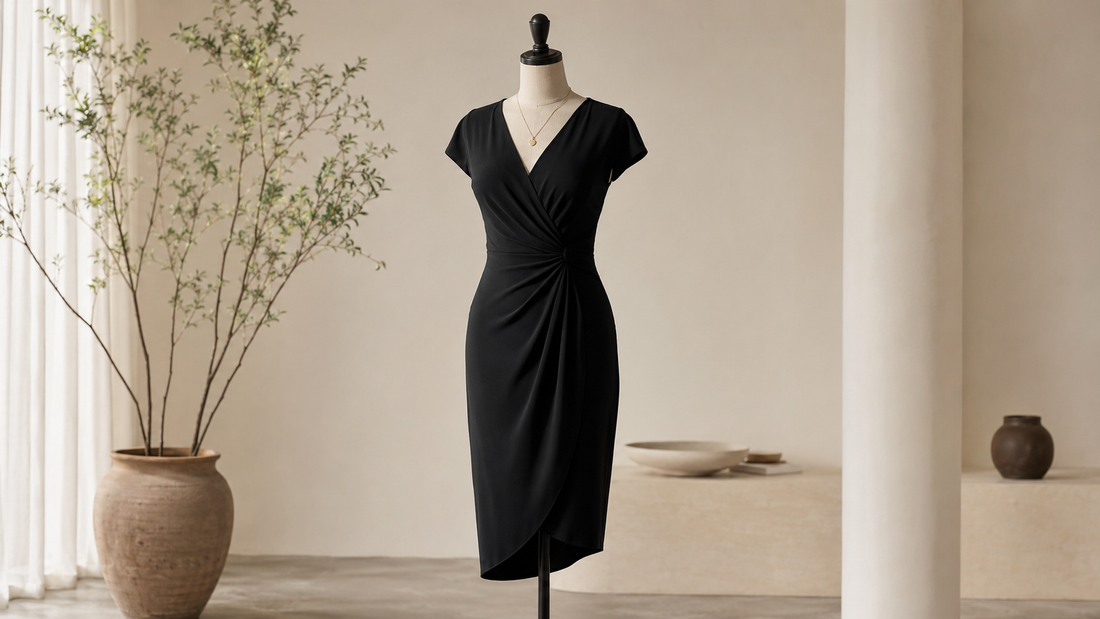 Elegant black dress displayed in a minimalist studio
