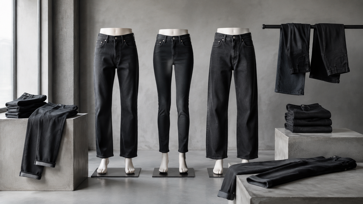 Assorted black jeans displayed in a modern clothing studio