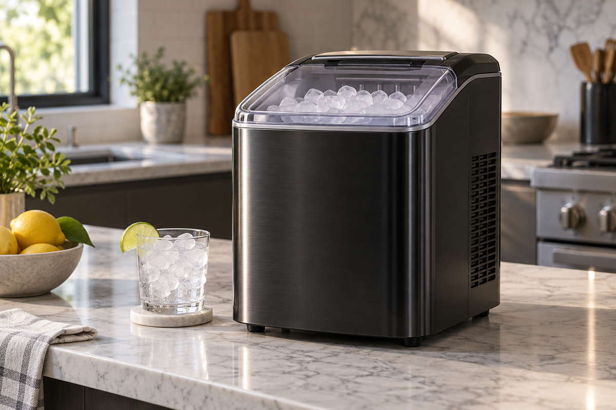 Black Stainless Steel Countertop Ice Maker in an unbranded landscape editorial image