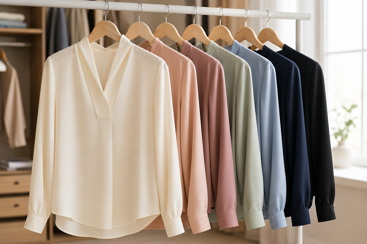 Elegant blouses in several colors on plain hangers