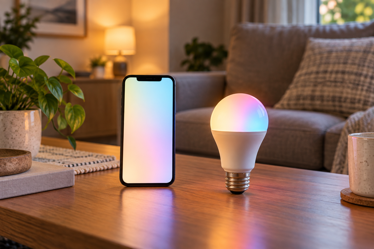 Bluetooth Light Bulb App Setup in an unbranded landscape editorial image