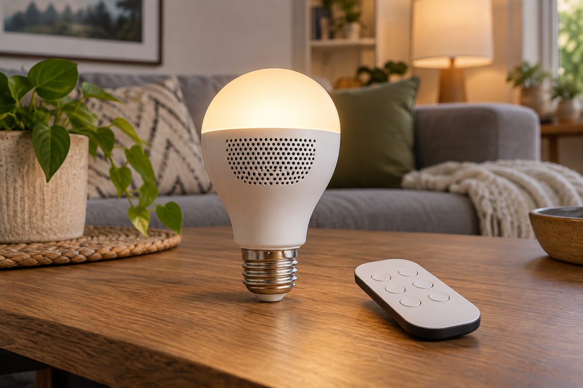 Bluetooth Speaker Light Bulb With Remote in an unbranded landscape editorial image