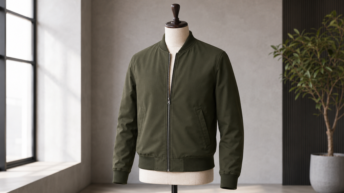 Classic olive bomber jacket in a modern fashion studio