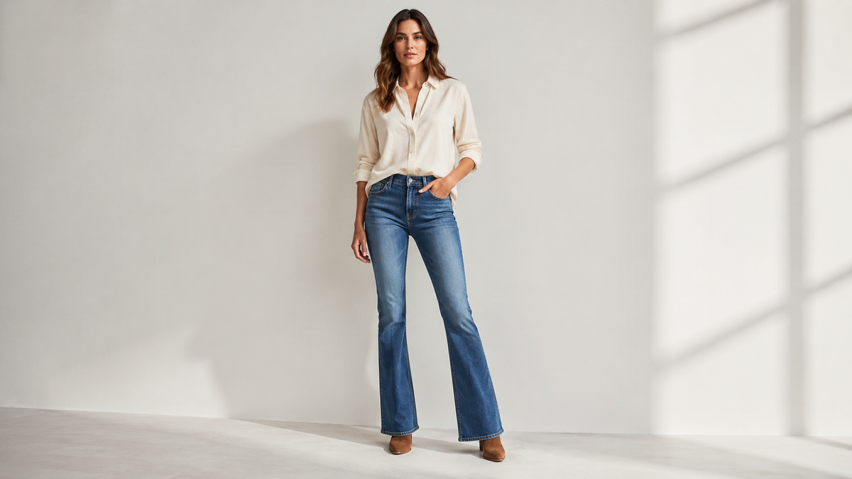 Model wearing classic bootcut jeans over ankle boots
