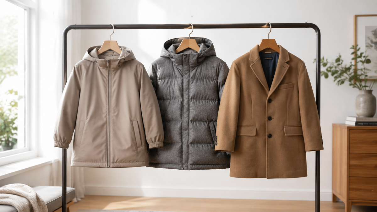 Three styles of boys coats displayed on a clothing rack