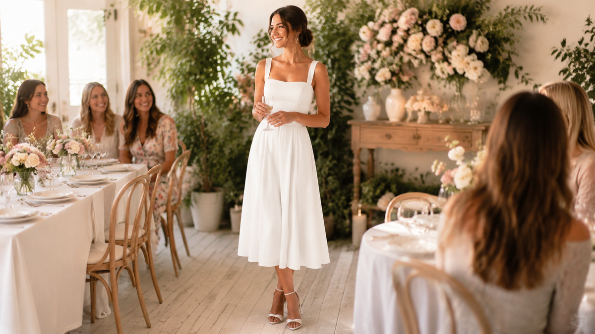 Woman wearing a white bridal shower dress at a floral celebration