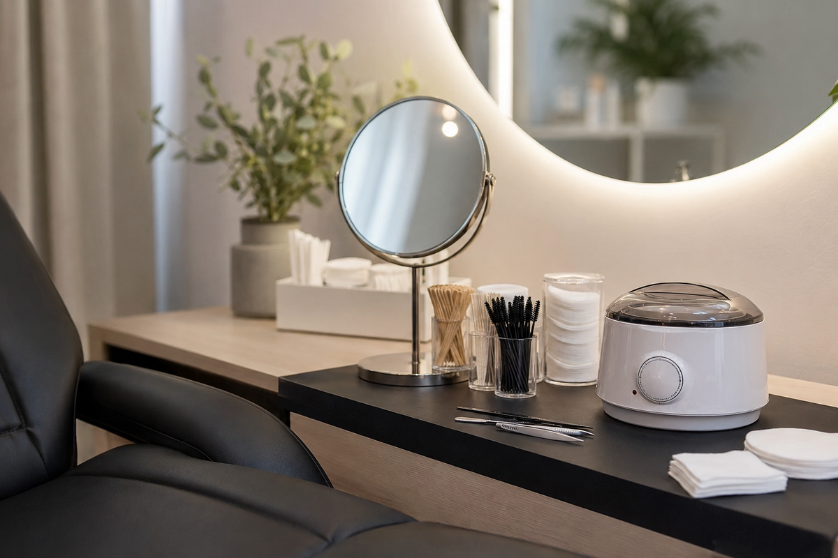 Clean brow waxing studio workstation with professional tools