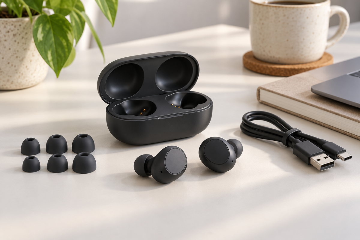 True wireless earbuds, charging case, ear tips, and cable