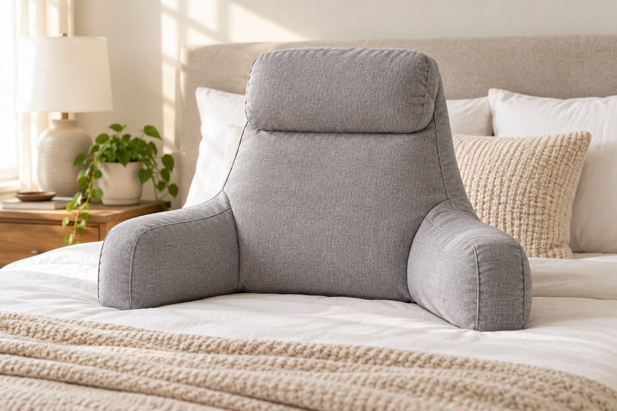 Buttress reading pillow arranged upright on a bed