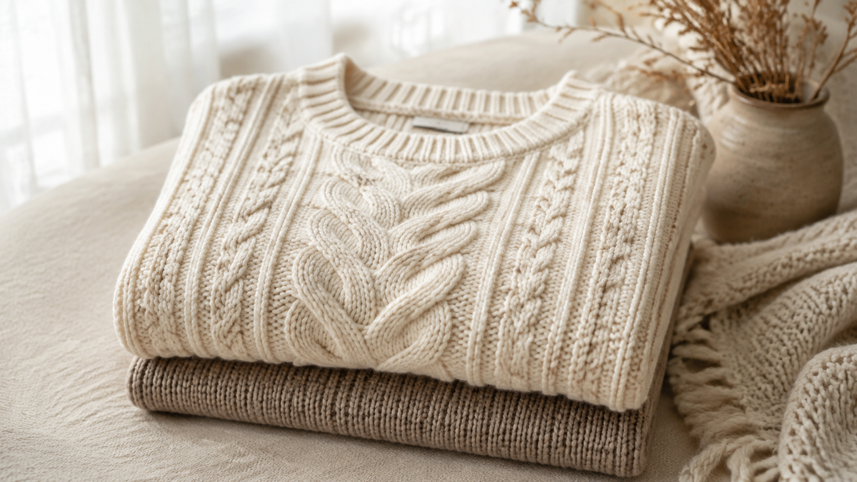 Cream cable knit sweater folded in soft natural light