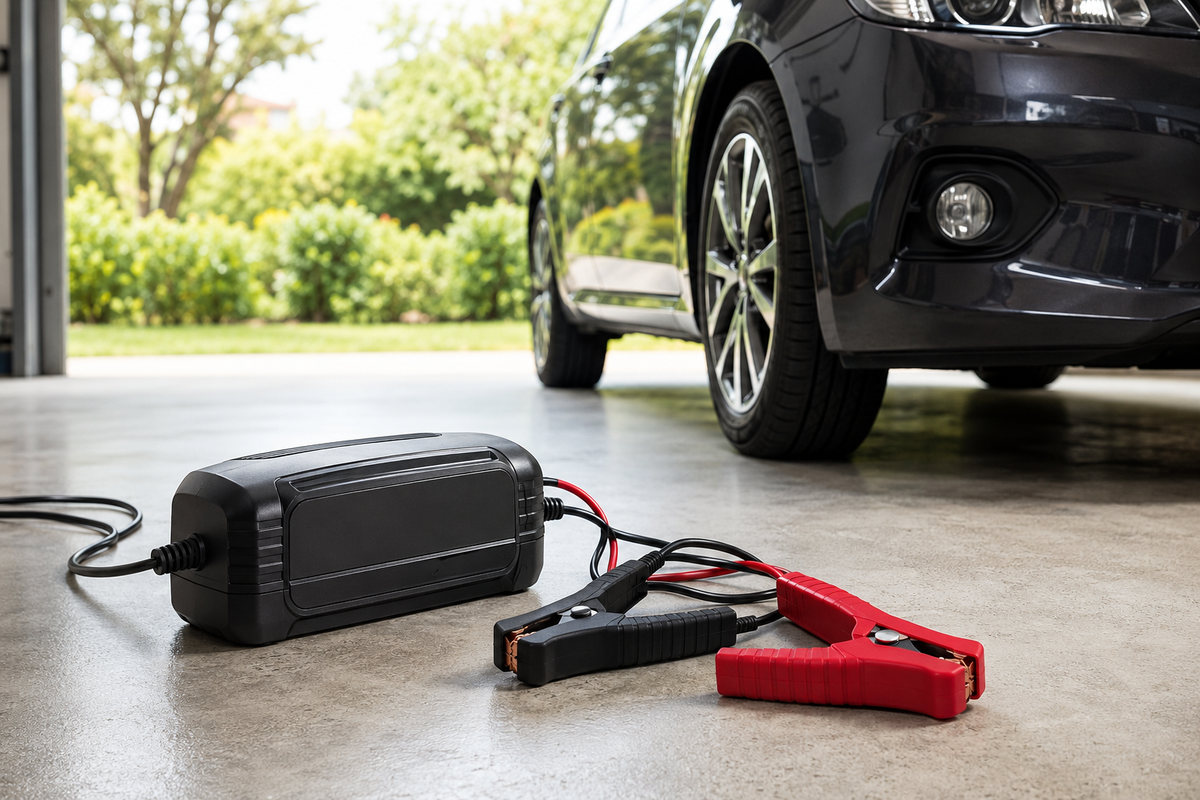 Generic car battery charger and clamps in a clean garage