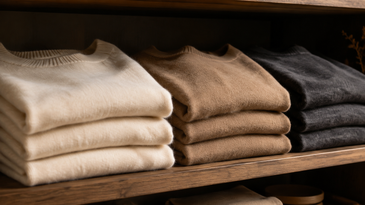 Neutral cashmere sweaters folded on a wooden shelf