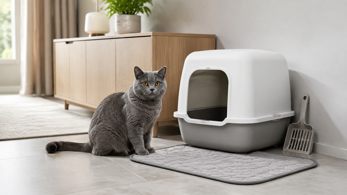 Cat beside a clean covered litter box and mat