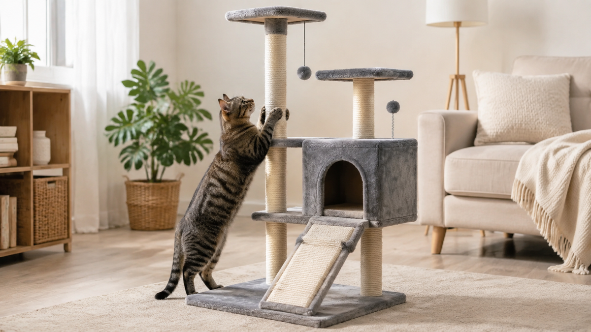 Cat scratching post with sisal columns in a bright living room