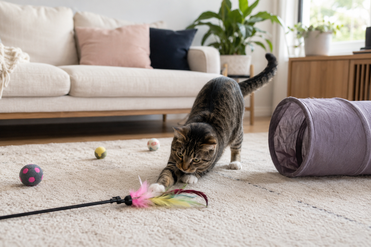 Domestic cat playing safely with generic toys in a bright living room