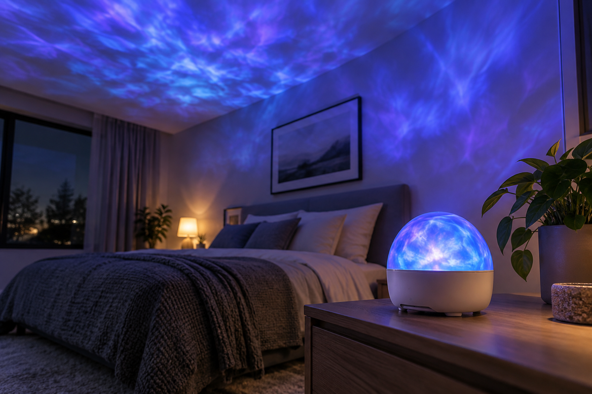 Ceiling cloud projector casting soft blue light in a bedroom