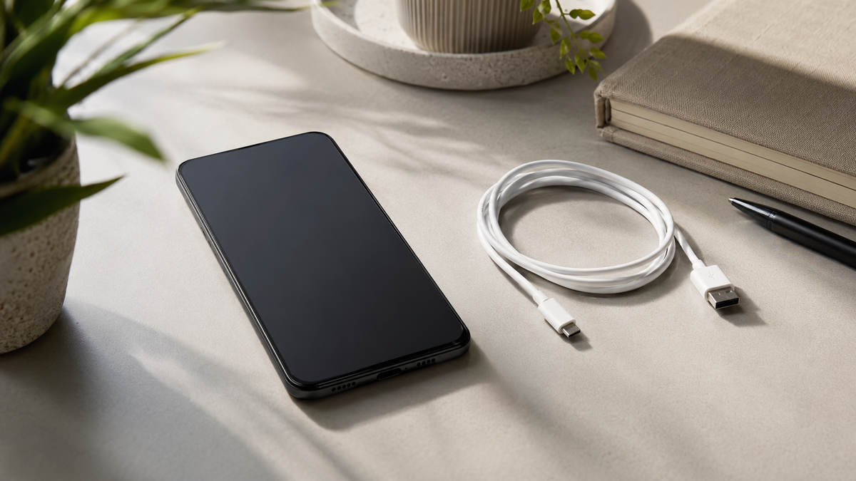 Modern cell phone with blank screen and charging accessories