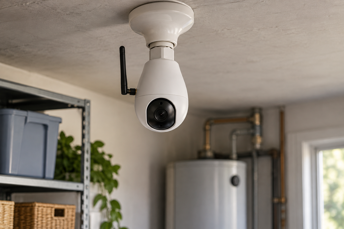 Cellular Light Bulb Security Camera in an unbranded landscape editorial image