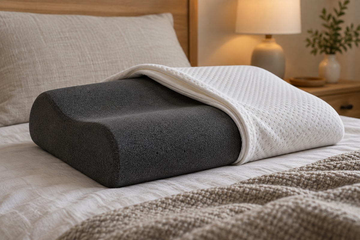 Charcoal-colored memory foam pillow with cover