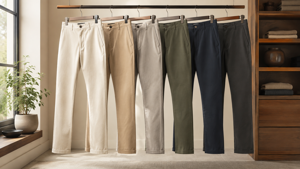 Chino pants in several neutral colors on a clothing rack