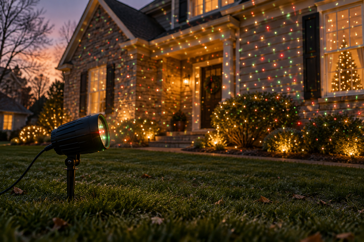 Outdoor holiday light projector illuminating a house