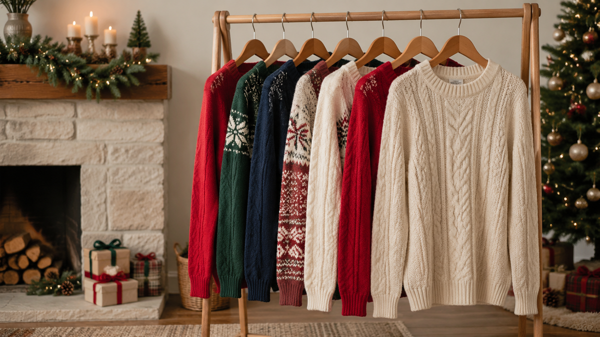 Festive knit sweaters arranged in a warm holiday room