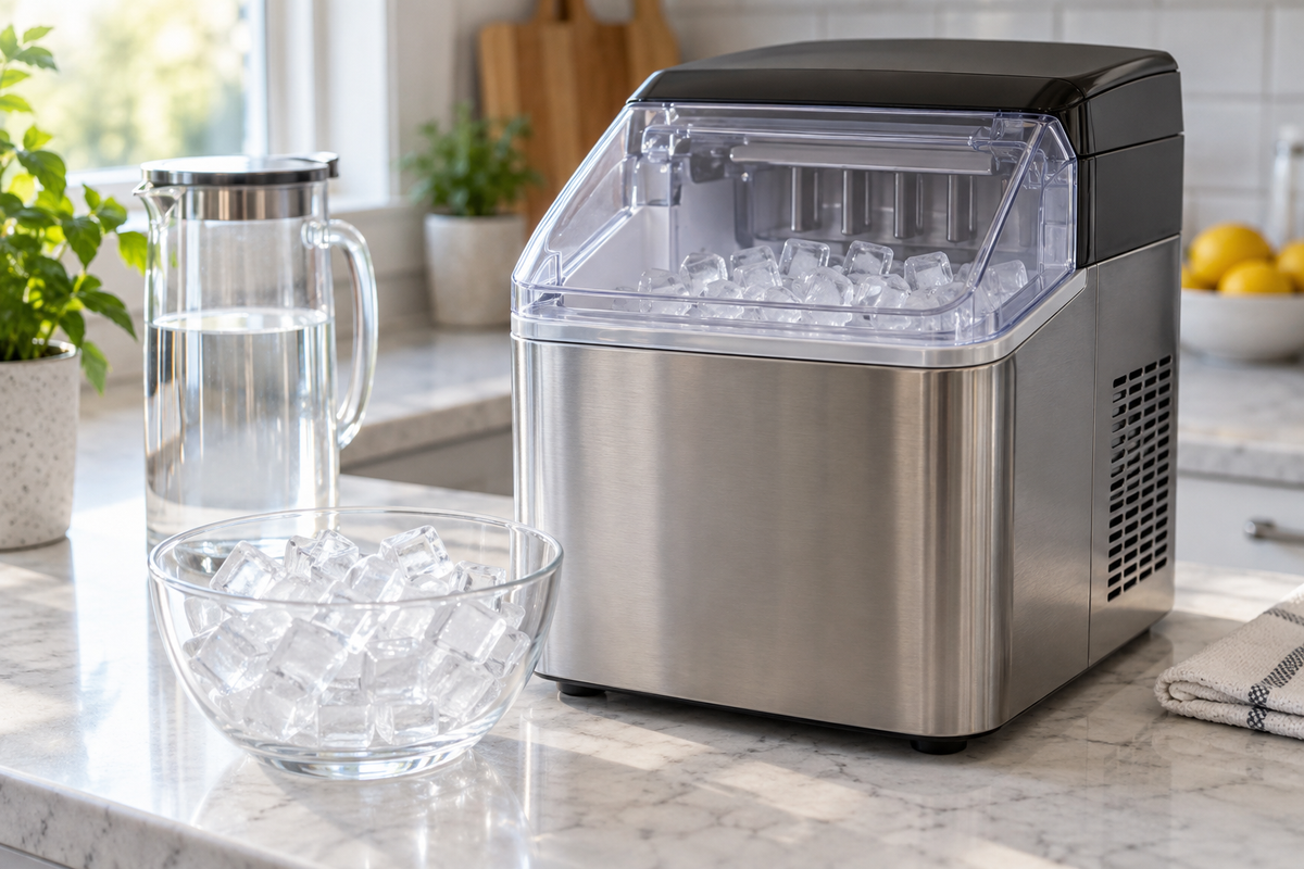 Compact clear ice maker on a bright kitchen counter