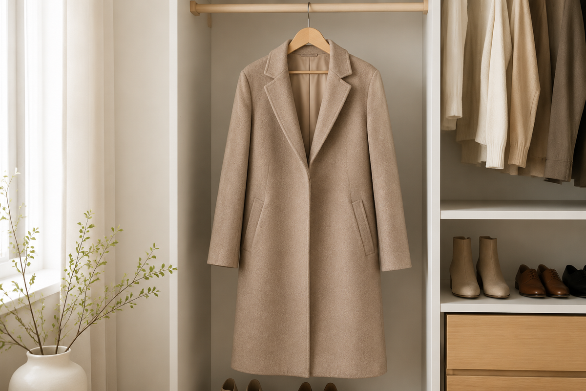 Elegant long coat displayed in a bright minimal wardrobe