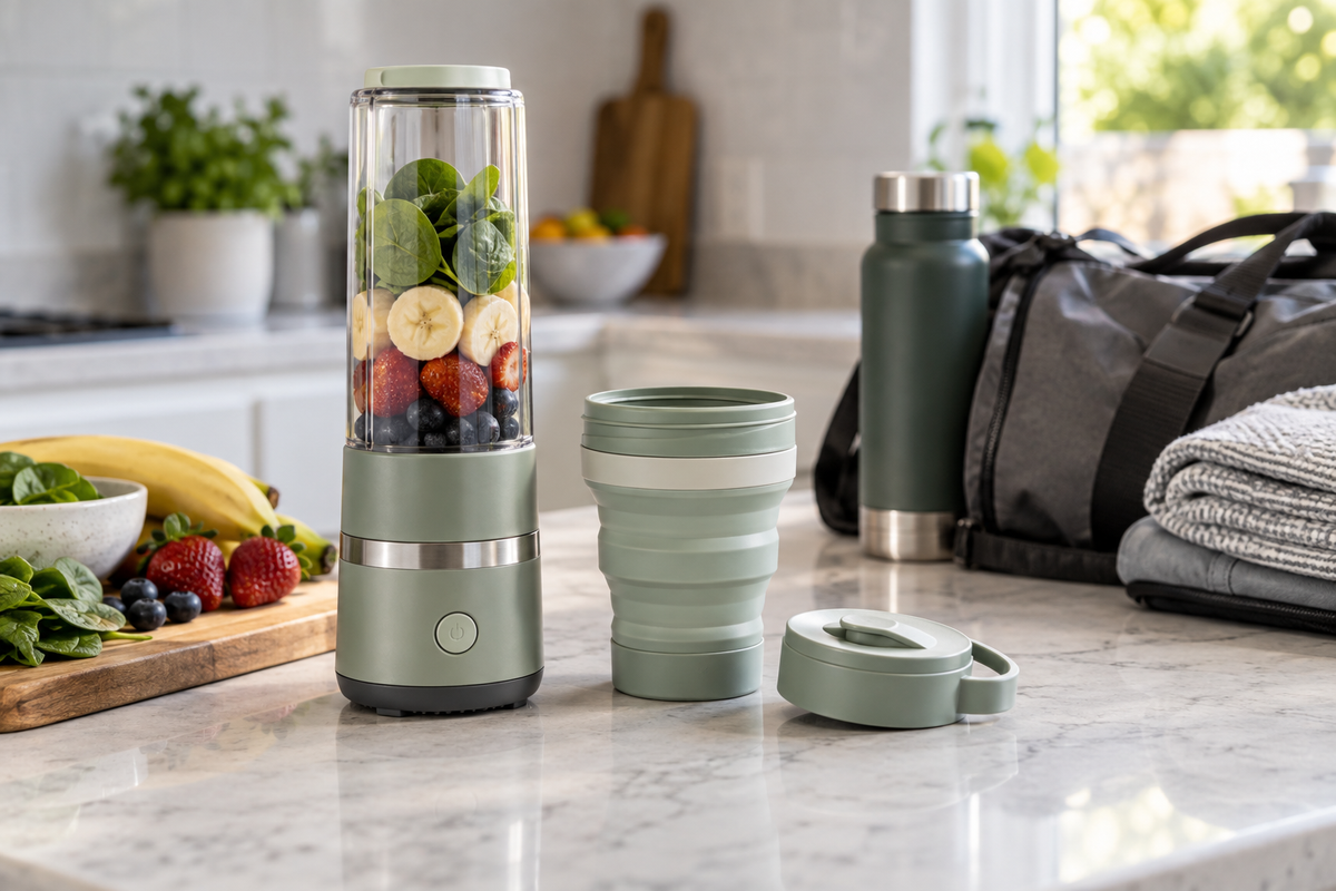 Collapsible personal blender with travel gear