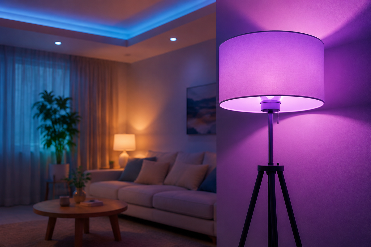 Generic color-changing light bulb illuminating a living room