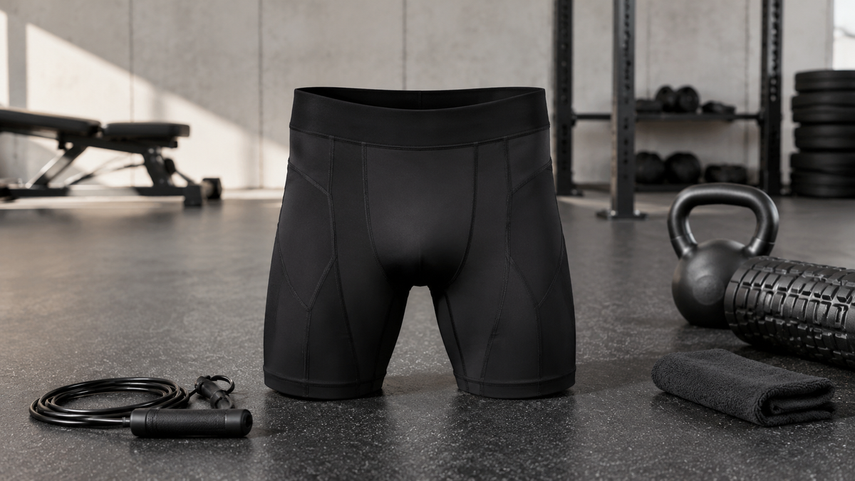 Black compression shorts displayed in a modern gym