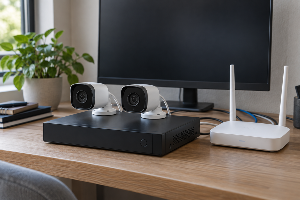 CCTV recorder and cameras beside a wireless router