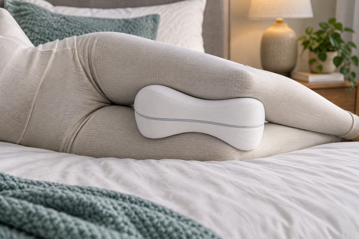 Contoured memory-foam leg pillow positioned between the knees