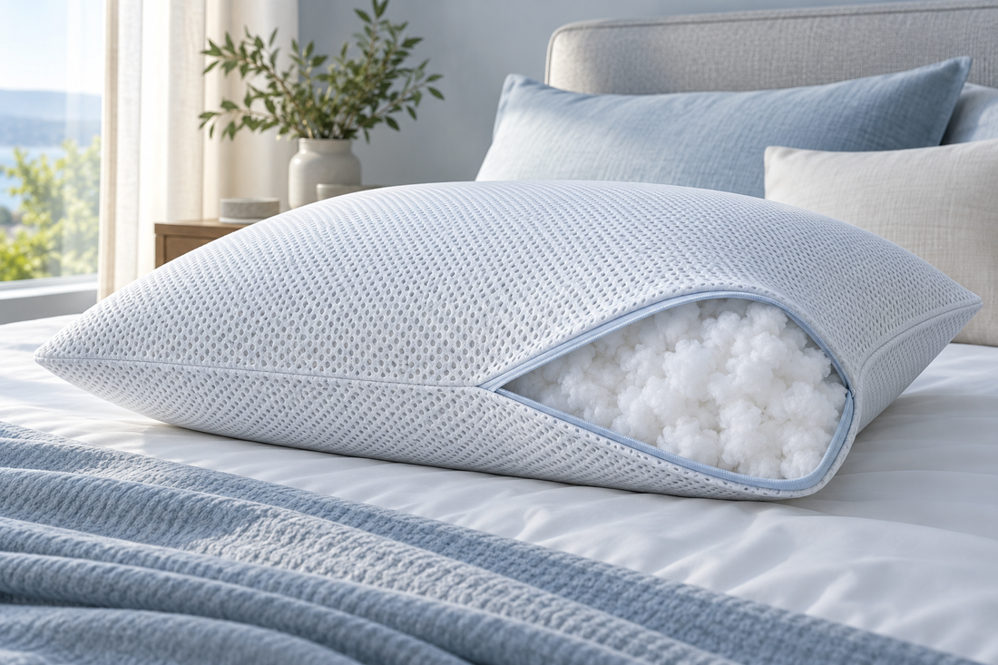 Cooling memory-fiber pillow with breathable cover